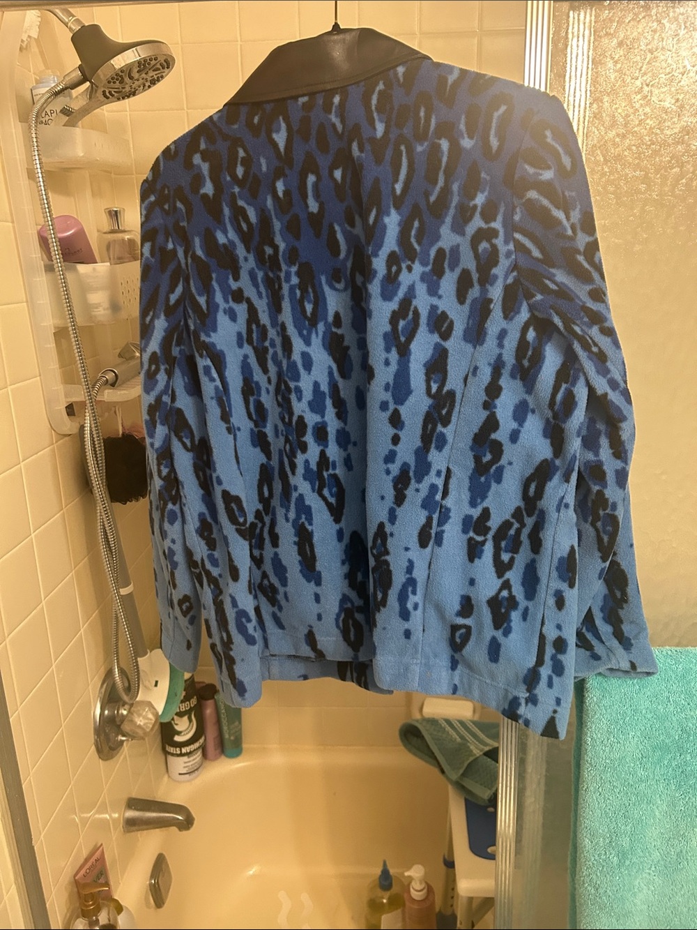 Bob Mackie Blue and Black Leopard Print Jacket with Black Leather Collar - Picture 2 of 2